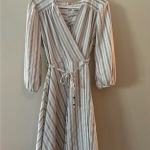 Striped Cream and Gray Wrap Dress